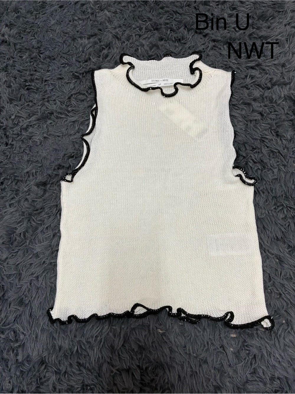 silence + noise White Sleeveless Knit Tank with Black Ruffle Edging